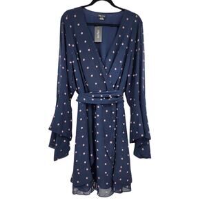 City Chic Navy Polka Dot Faux Wrap V-Neck Bell Sleeve Georgia Dress Size XXL/24